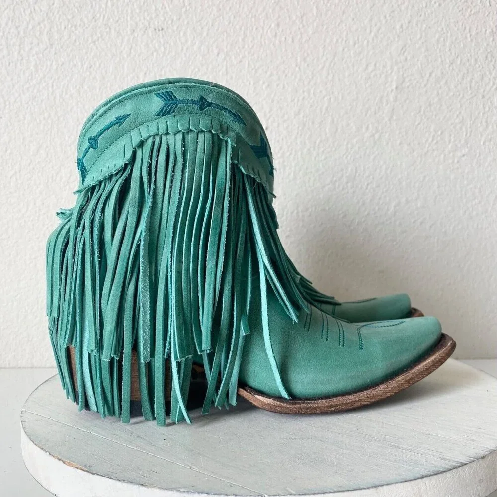Lane Junk Gypsy Spitfire Fringe Cowboy Boots Turquoise Short Ankle Booties 5 New